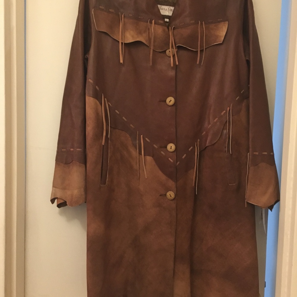 Long brown leather jacket